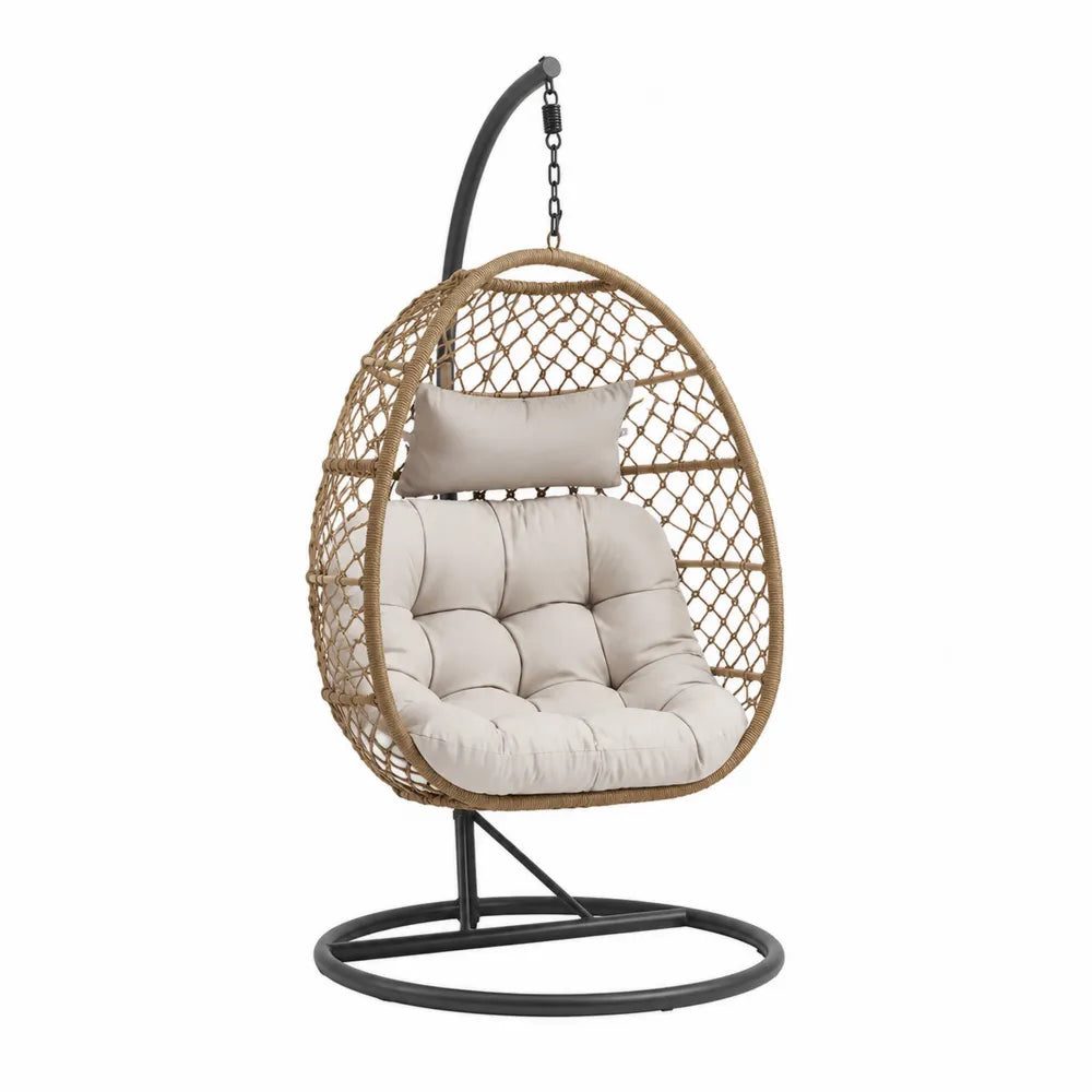 Fauteuil suspendu œuf d’extérieur avec support rotin synthétique naturel coussins écru structure acier noir