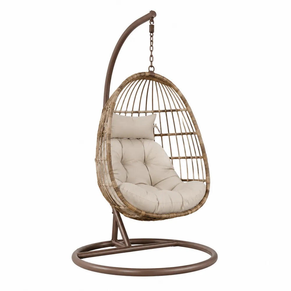 Fauteuil suspendu œuf avec support en rotin synthétique naturel coussins beige structure acier marron Ø base environ 100 cm