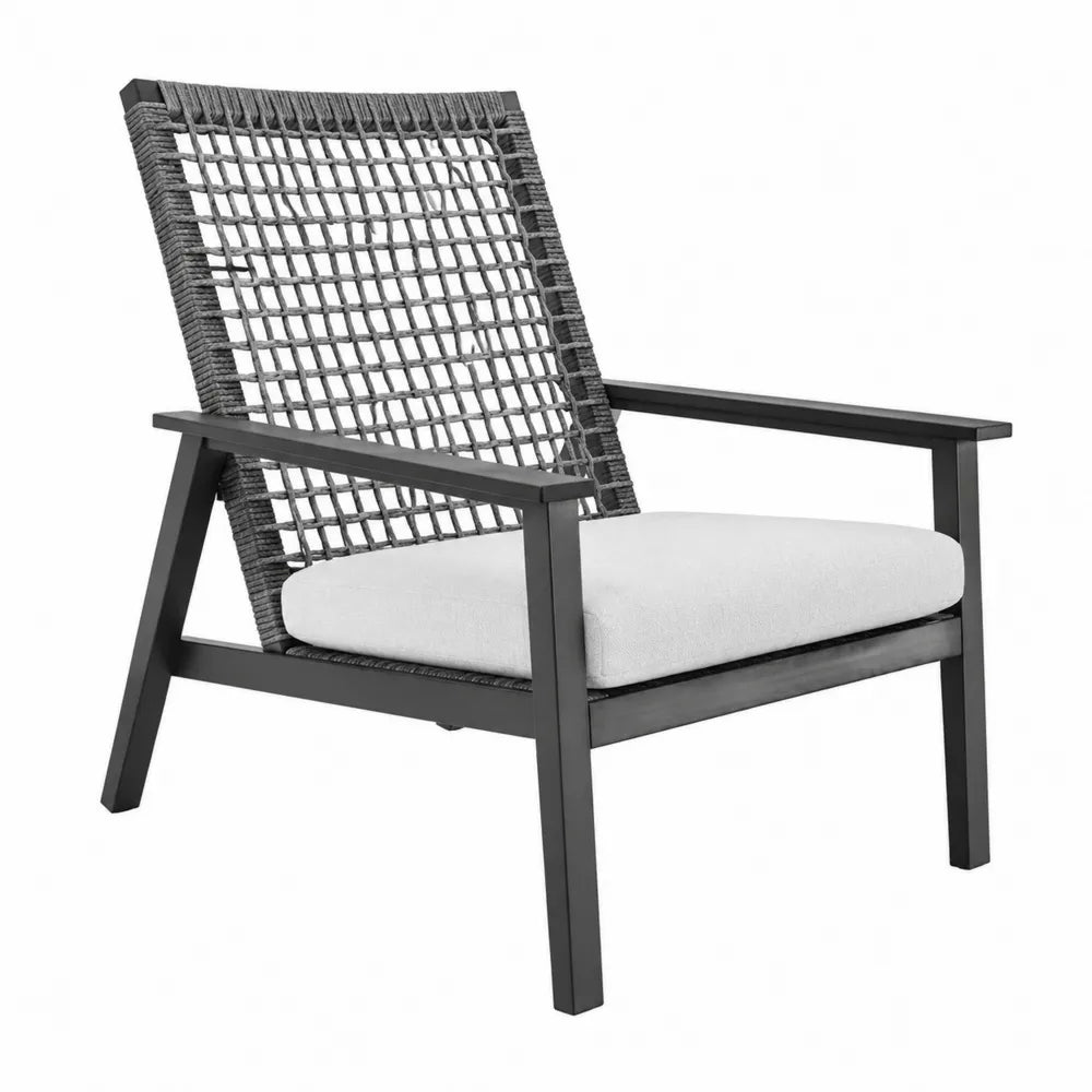 Fauteuil de jardin lounge en corde tressée avec coussin beige structure métal noir assise d’extérieur