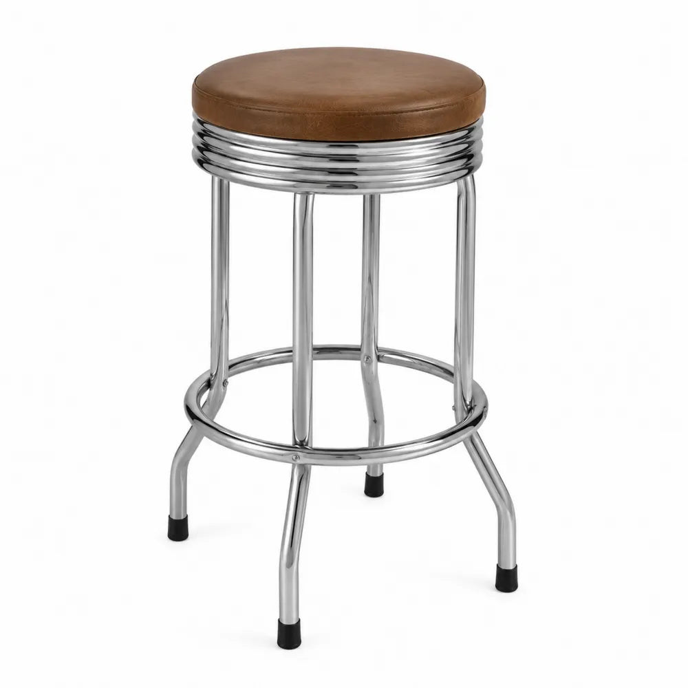 Tabouret de bar rond 48 cm x 48 cm x 76 cm en acier chromé et polyuréthane marron avec repose-pieds circulaire