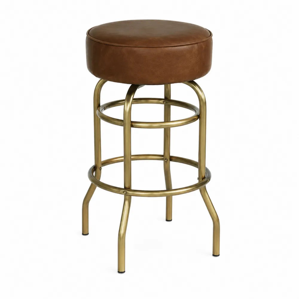Tabouret de bar rond 45 x 45 x 70 cm en métal finition laiton et assise rembourrée marron en PU avec repose-pieds circulaire