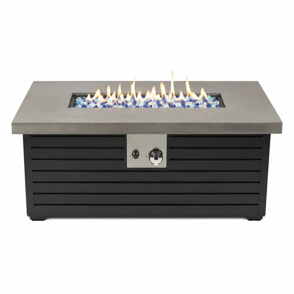 Table brasero d’extérieur rectangulaire 132 x 71 x 63 cm béton fibré gris structure acier noir brûleur gaz propane verre trempé