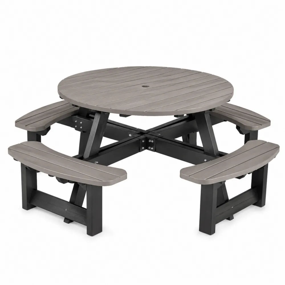 Table de pique-nique ronde d'extérieur avec 4 bancs 190 x 190 x 76 cm lames HDPE acier thermolaqué noir gris taupe
