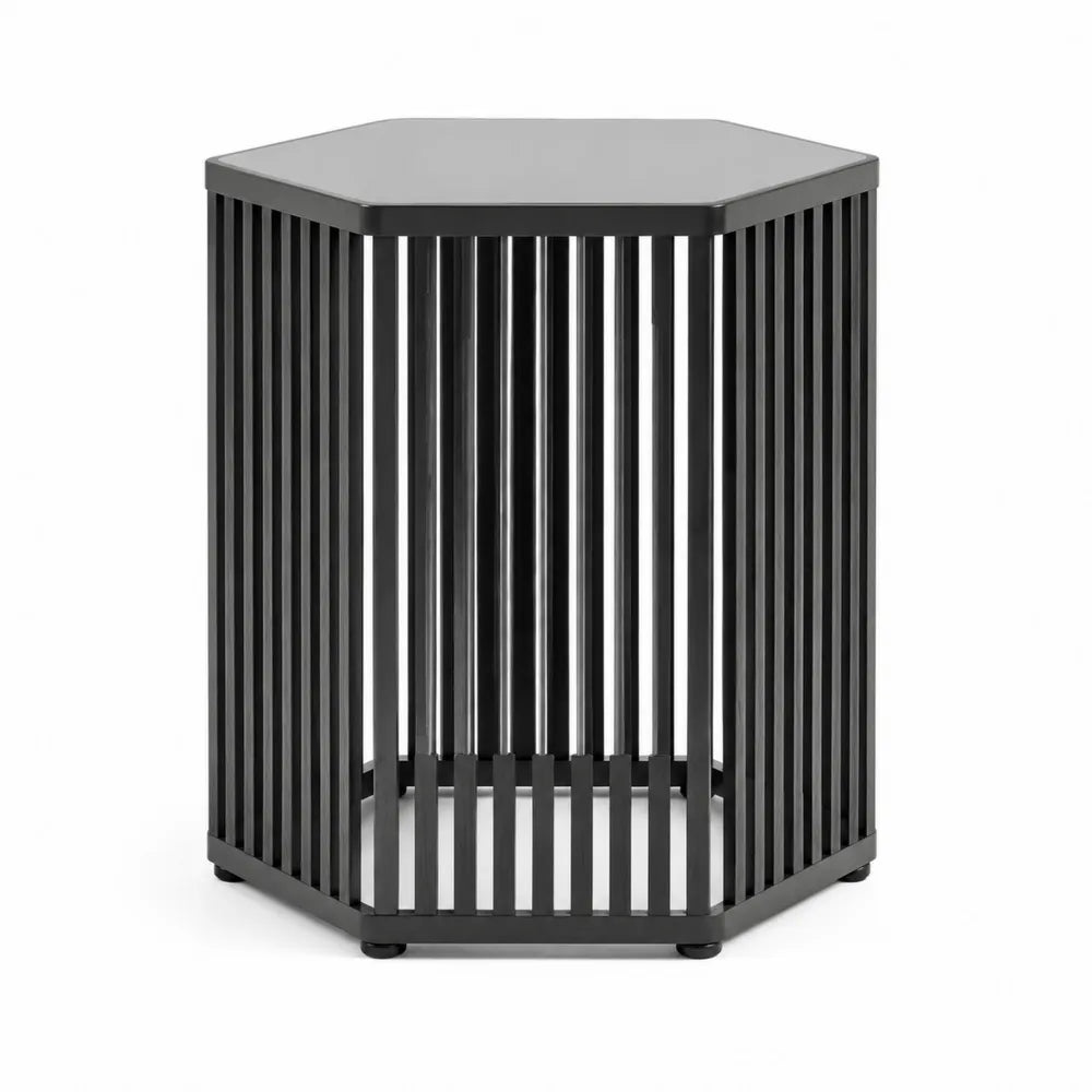 Table d’appoint d’extérieur hexagonale 45 x 45 x 55 cm acier thermolaqué noir structure à lattes métalliques