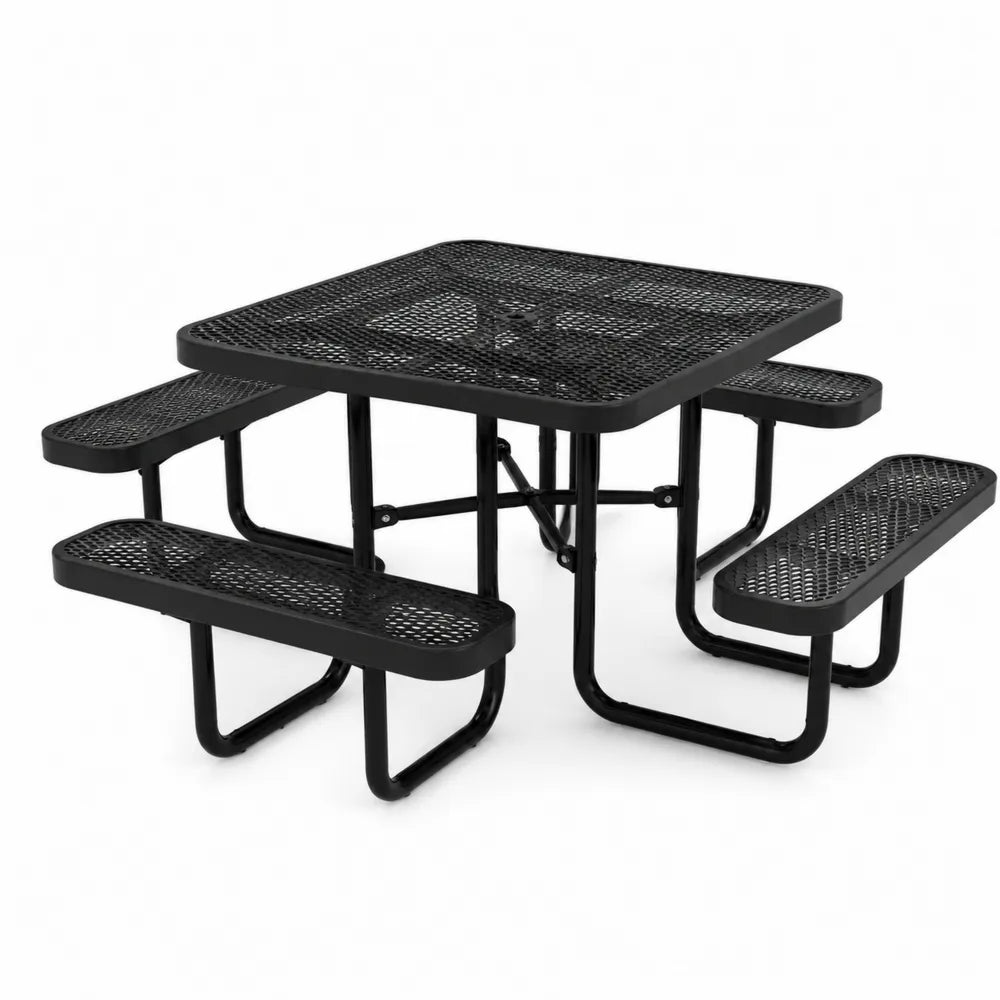 Table de pique-nique carrée d’extérieur 185 x 185 x 76 cm acier thermolaqué noir plateau et assises en maille métallique avec 4 bancs intégrés