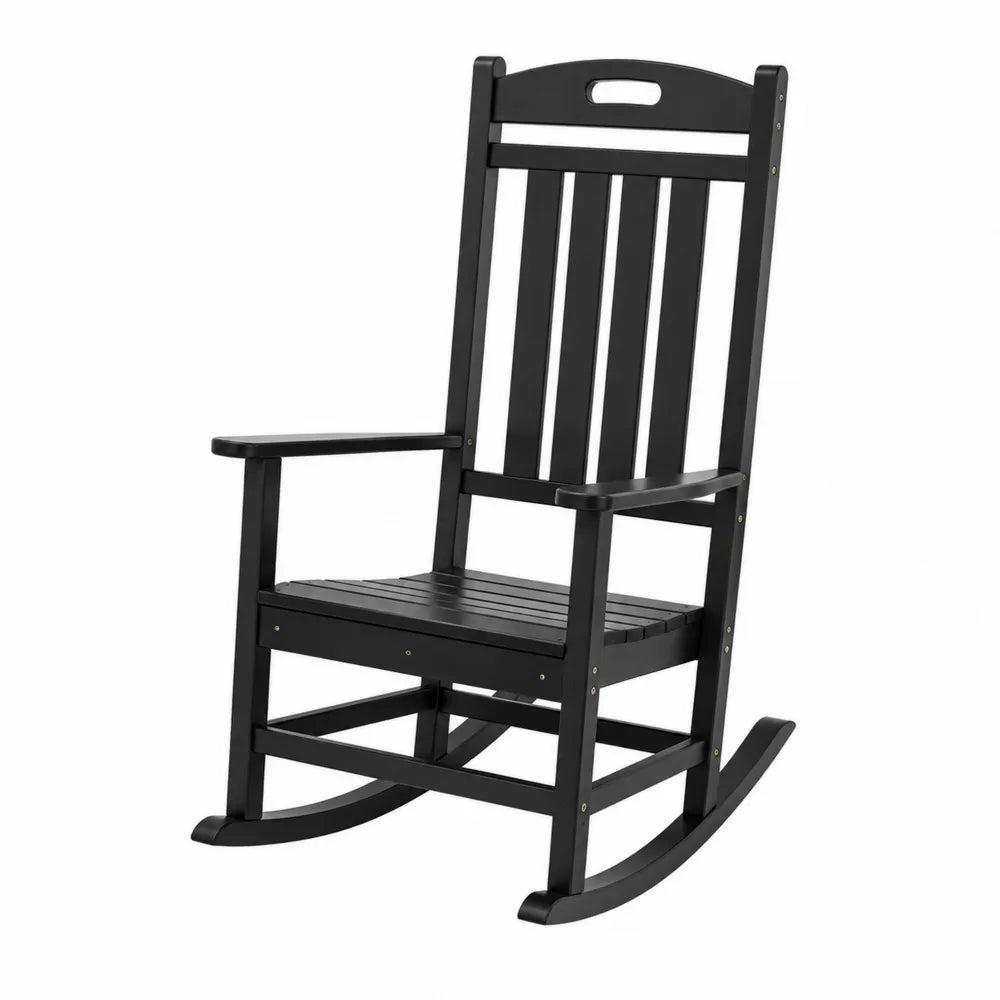 Chaise à bascule de jardin en bois massif peint noir avec accoudoirs et patins incurvés