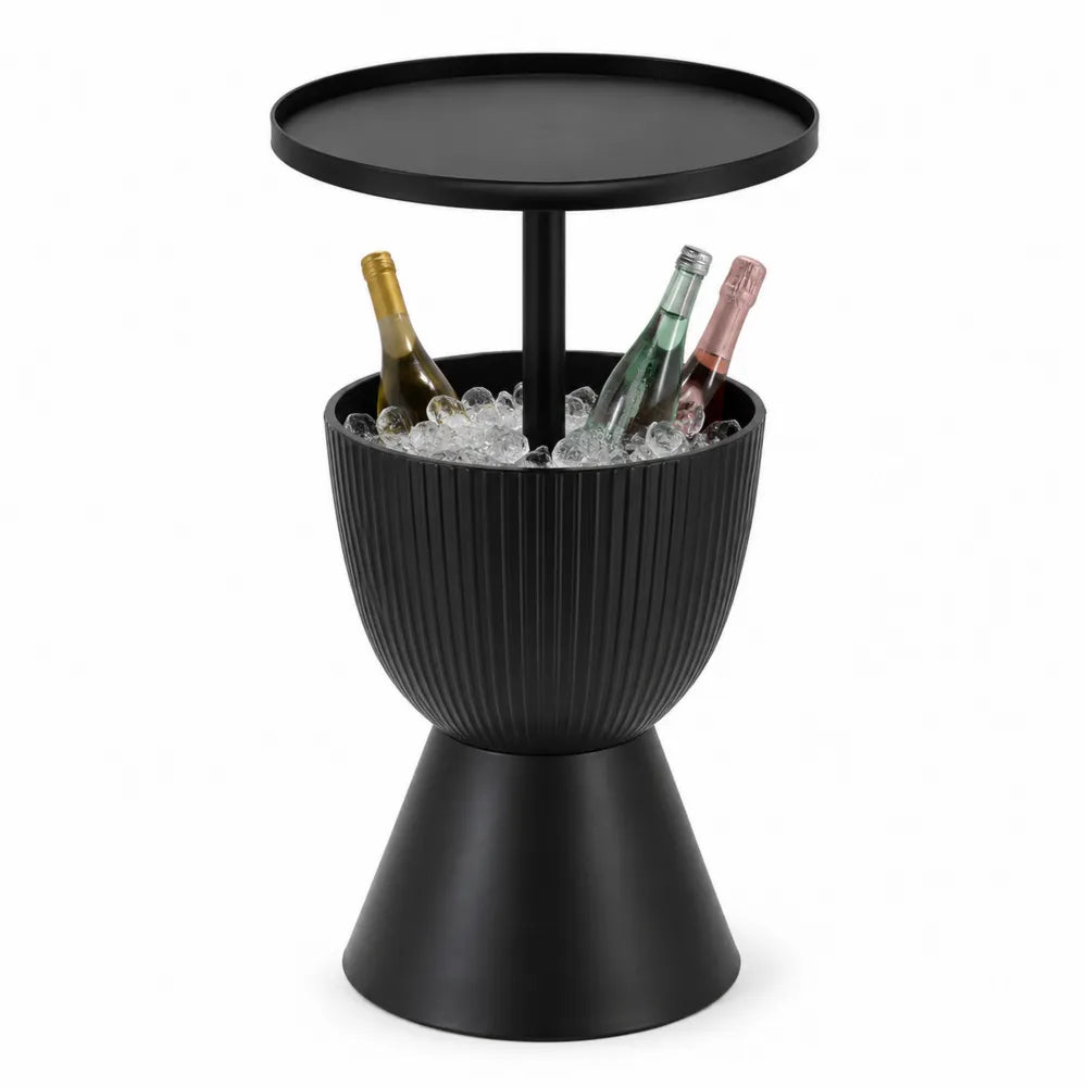 Table d’extérieur bar avec seau à glace intégré Ø48 cm x H78 cm en acier thermolaqué noir plateau rond à rebord