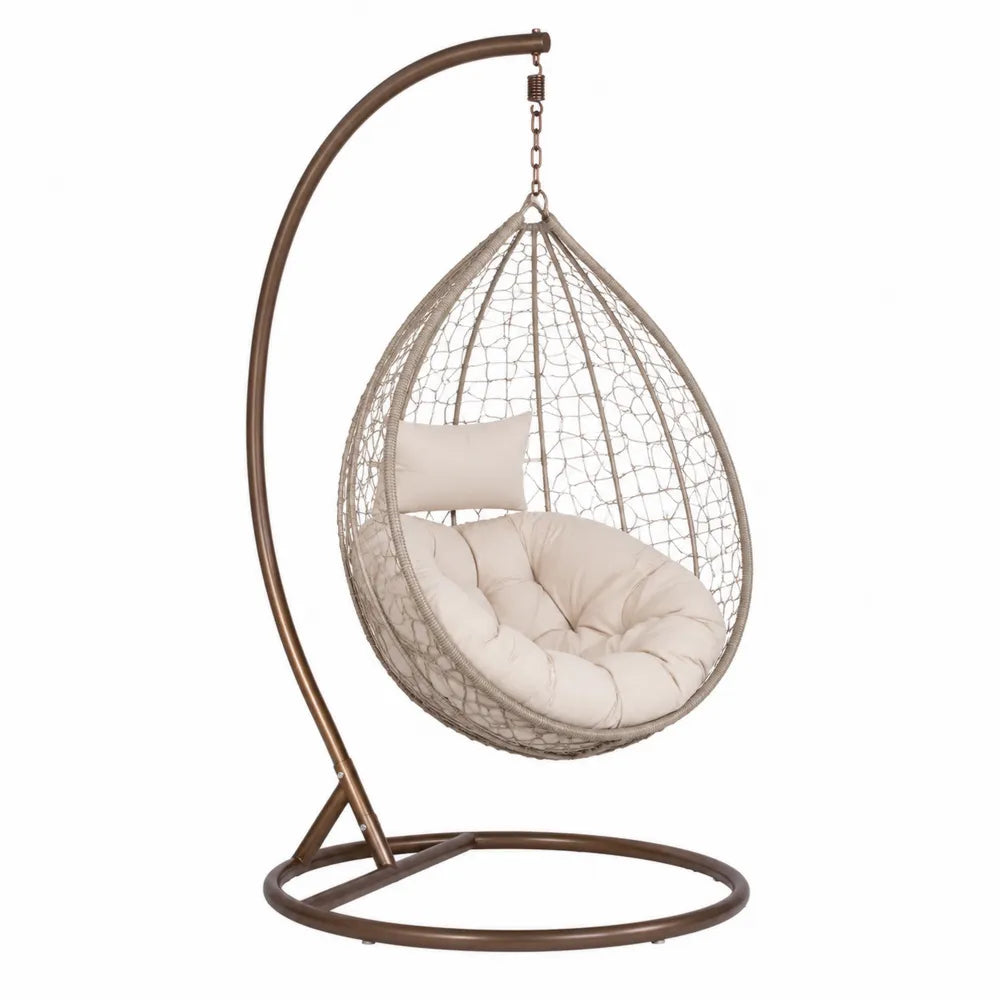 Fauteuil suspendu œuf avec support 105 x 105 x 195 cm rotin PE tressé structure acier marron bronze coussins écru