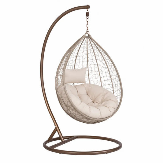 Fauteuil suspendu œuf avec support 105 x 105 x 195 cm rotin PE tressé structure acier marron bronze coussins écru
