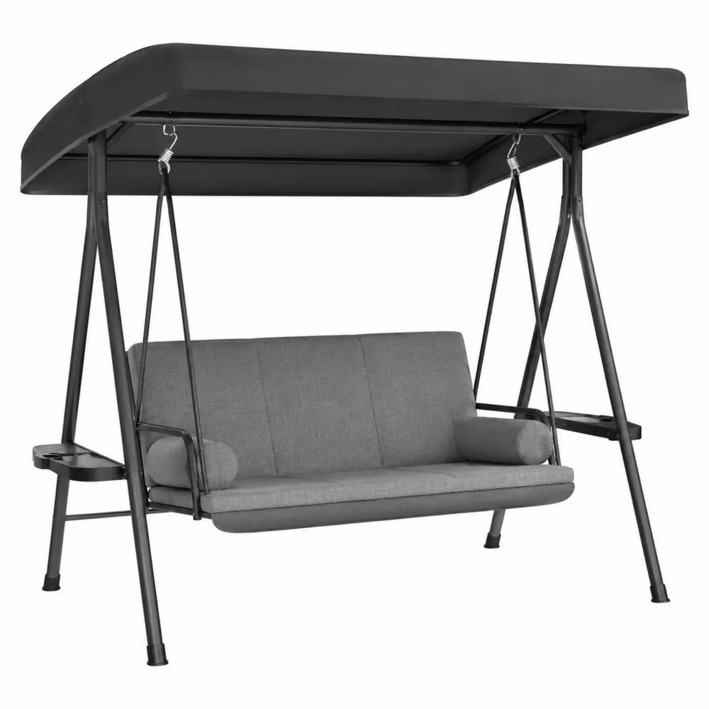 Balancelle de jardin 3 places avec toit 190 x 120 x 170 cm structure acier noir coussins gris et auvent noir