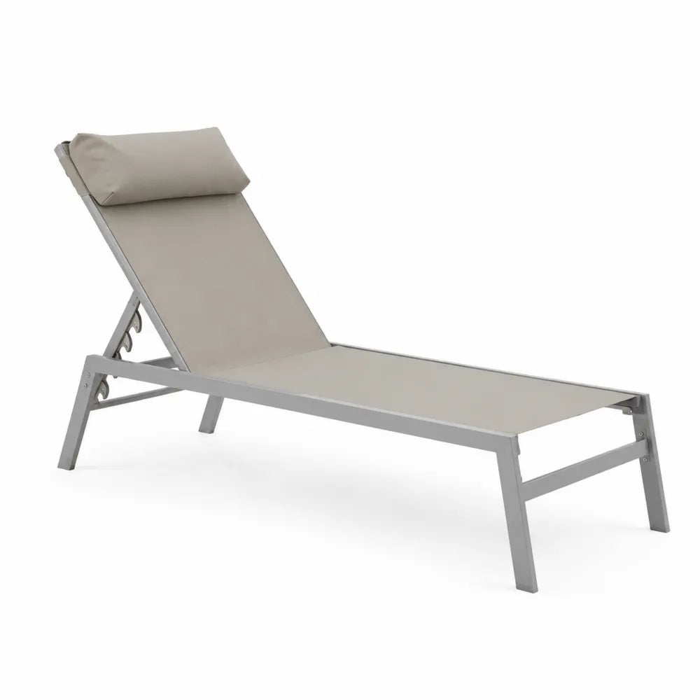 Bain de soleil de jardin réglable 196 x 65 x 34-94 cm structure aluminium gris toile polyester enduit PVC taupe coussin appui-tête inclus