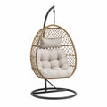 Fauteuil suspendu œuf d’extérieur avec support rotin synthétique naturel coussins écru structure acier noir