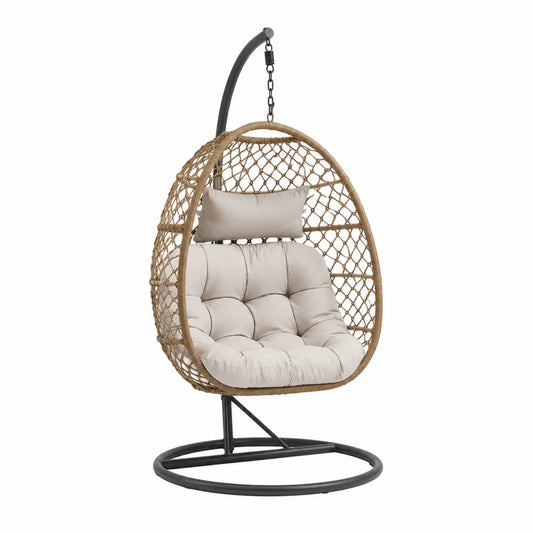 Fauteuil suspendu œuf d’extérieur avec support rotin synthétique naturel coussins écru structure acier noir