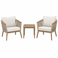 Salon de jardin 3 pièces 2 fauteuils et table d’appoint en acacia corde tressée coussins écru