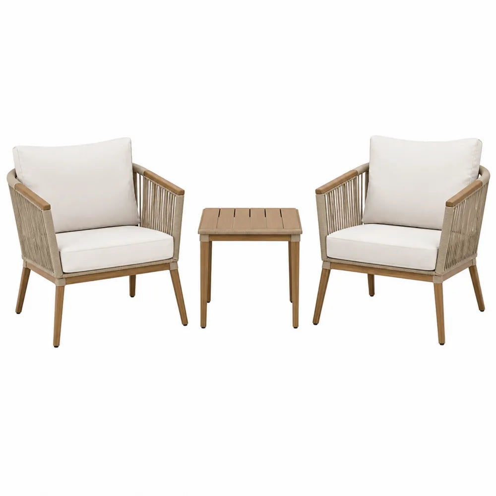 Salon de jardin 3 pièces 2 fauteuils et table d’appoint en acacia corde tressée coussins écru