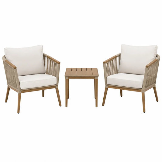 Salon de jardin 3 pièces 2 fauteuils et table d’appoint en acacia corde tressée coussins écru