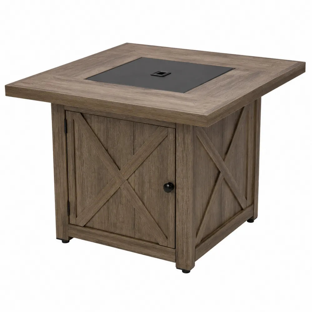 Table brasero d’extérieur carrée 107 cm x 107 cm x 64 cm en acier effet bois avec foyer central à gaz propane et porte de rangement