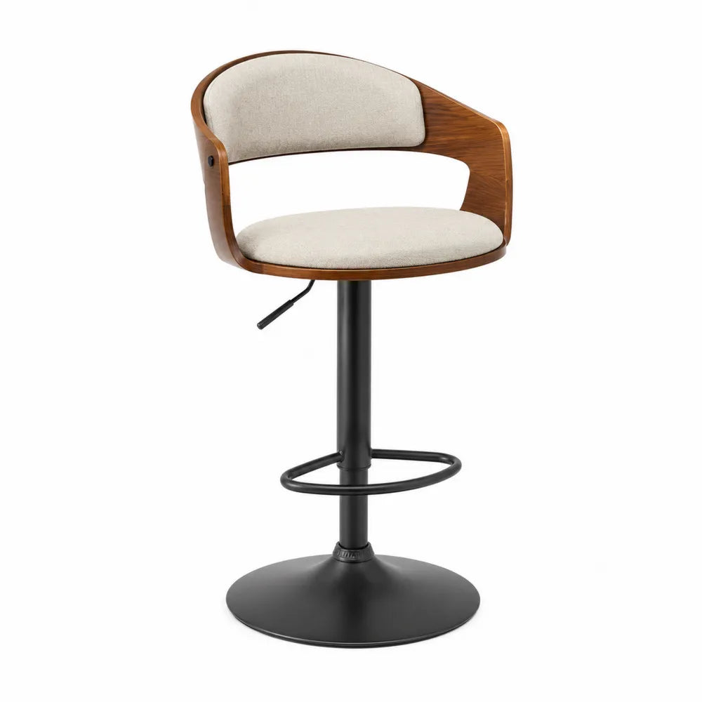 Tabouret de bar réglable pivotant 55 x 52 x 111 cm en tissu polyester beige et bois contreplaqué placage noyer base acier noir