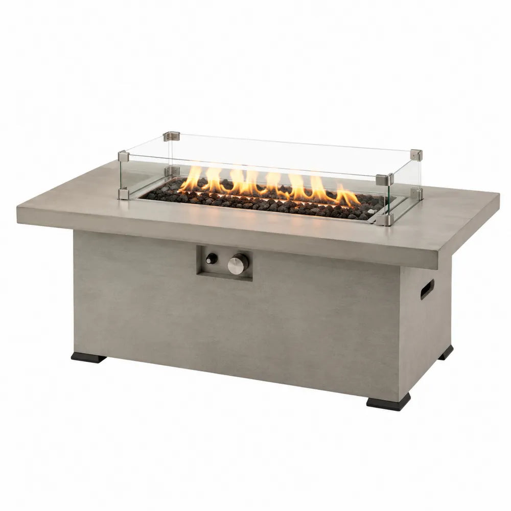 Table brasero d'extérieur rectangulaire 110 x 70 x 63 cm béton fibré gris verre trempé brûleur gaz acier inoxydable