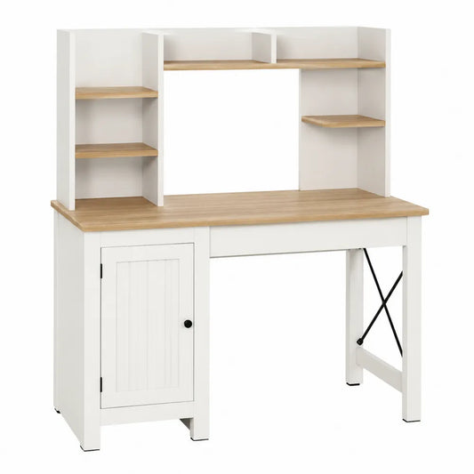 Bureau avec étagères et placard 120 x 60 x 145 cm en panneaux de particules blanc et décor bois clair avec rangement intégré