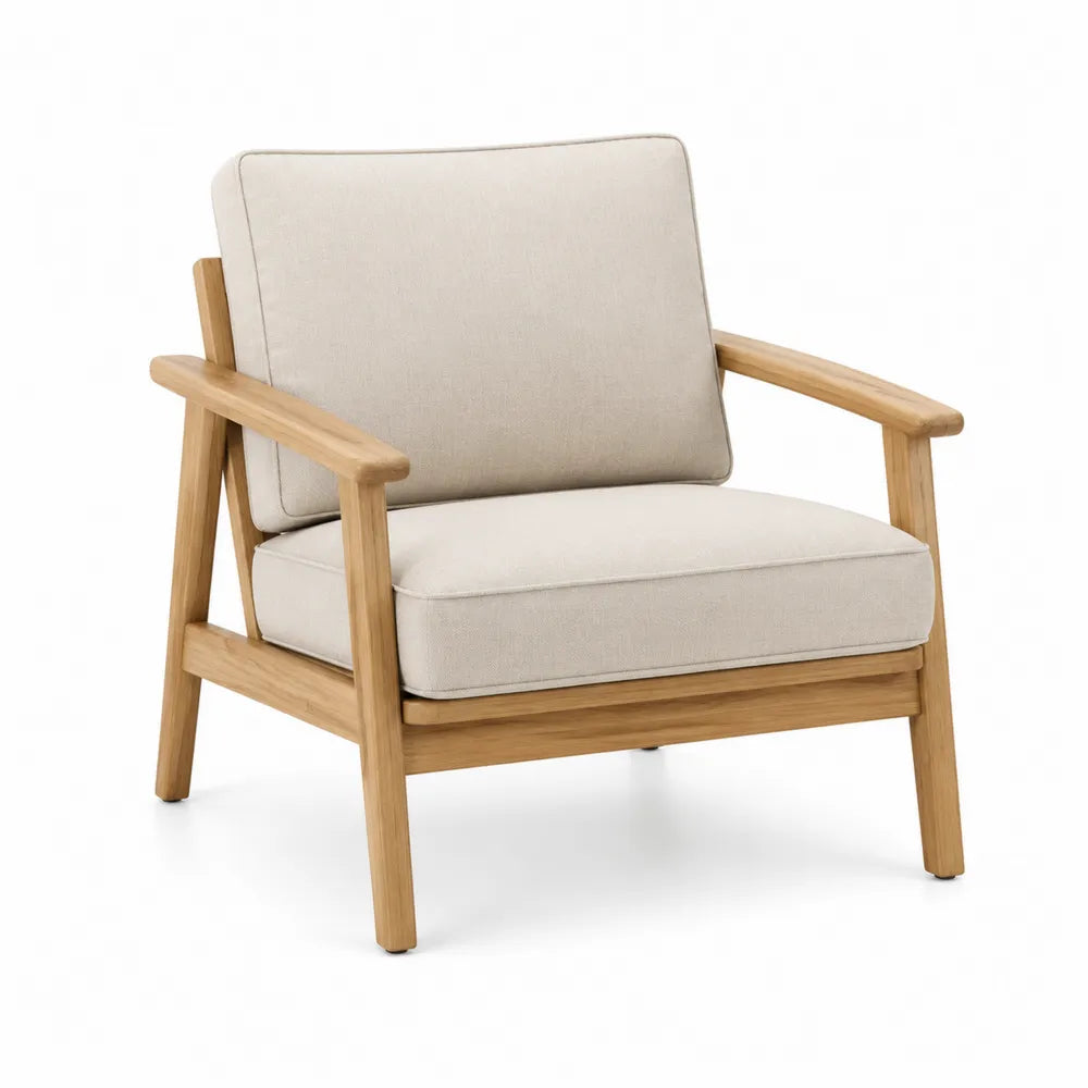 Fauteuil de jardin avec coussins écru en bois naturel 78 x 80 x 85 cm structure en bois massif et assise polyester