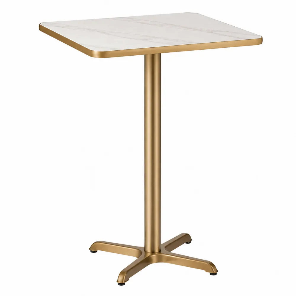 Table de bar carrée plateau MDF effet marbre blanc structure acier doré 60 x 60 x 105 cm