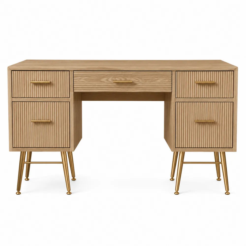Bureau rectangulaire avec tiroirs 120 x 55 x 78 cm en bois effet chêne naturel et pieds en métal doré