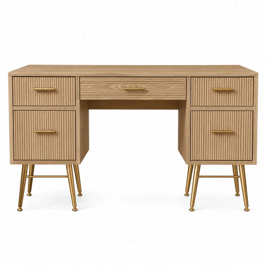 Bureau rectangulaire avec tiroirs 120 x 55 x 78 cm en bois effet chêne naturel et pieds en métal doré