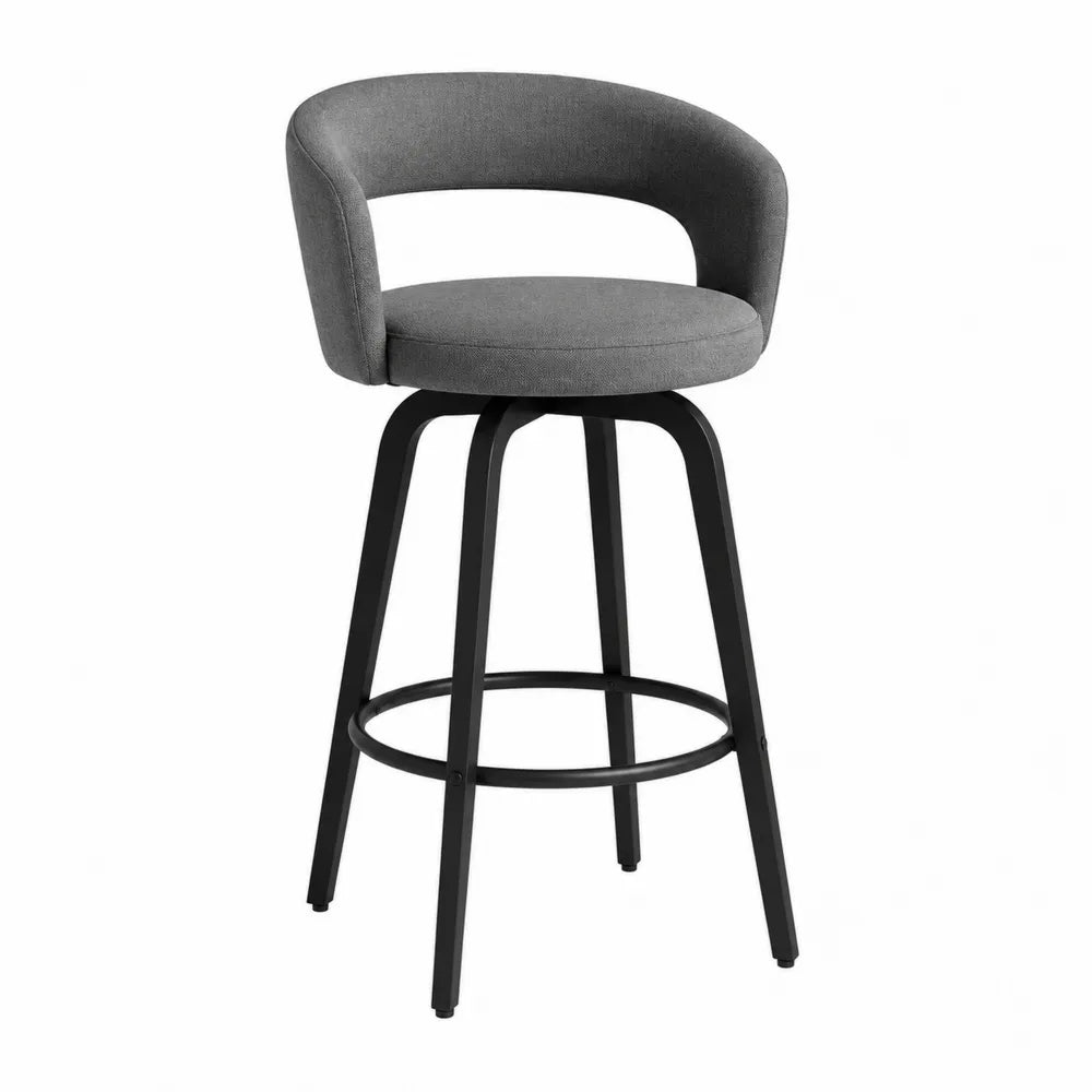Tabouret de bar pivotant 53 cm x 50 cm x 94 cm en acier noir et tissu polyester gris dossier arrondi assise ronde