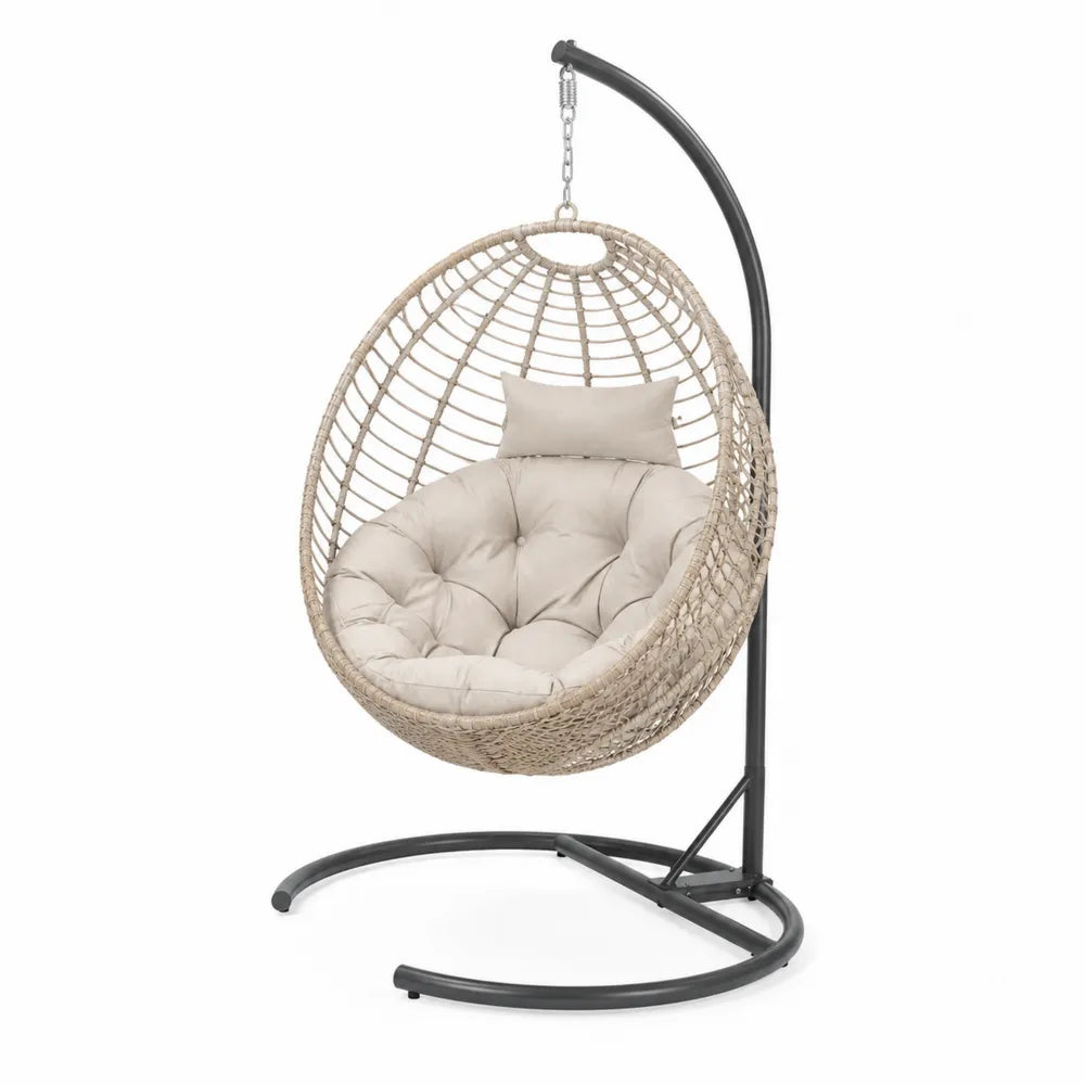 Fauteuil suspendu œuf d’extérieur avec support 105 x 105 x 198 cm rotin PE beige structure acier noir coussins beige