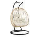 Fauteuil suspendu œuf de jardin avec support acier noir résine tressée beige 105 x 95 x 195 cm coussins polyester
