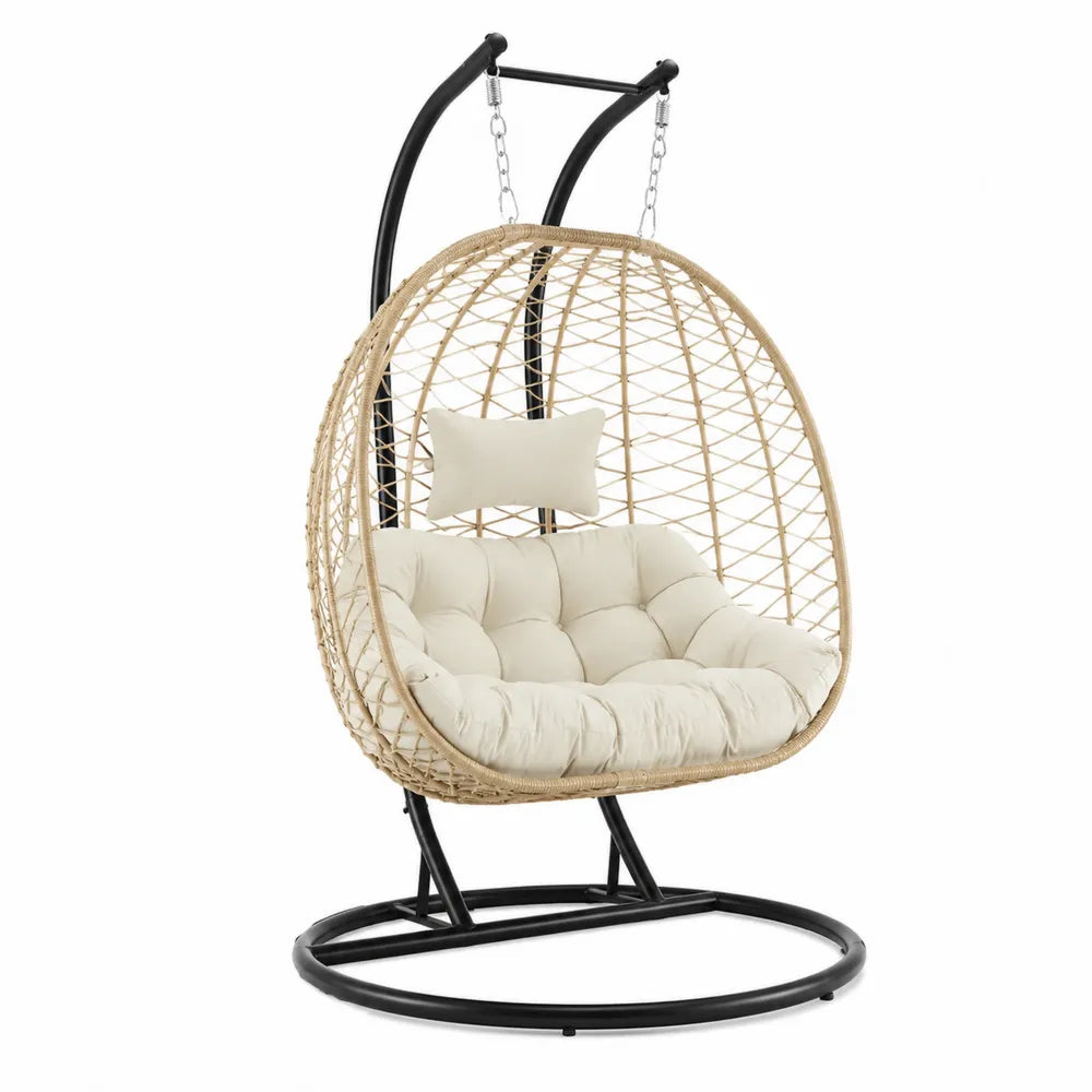 Fauteuil suspendu œuf de jardin avec support acier noir résine tressée beige 105 x 95 x 195 cm coussins polyester