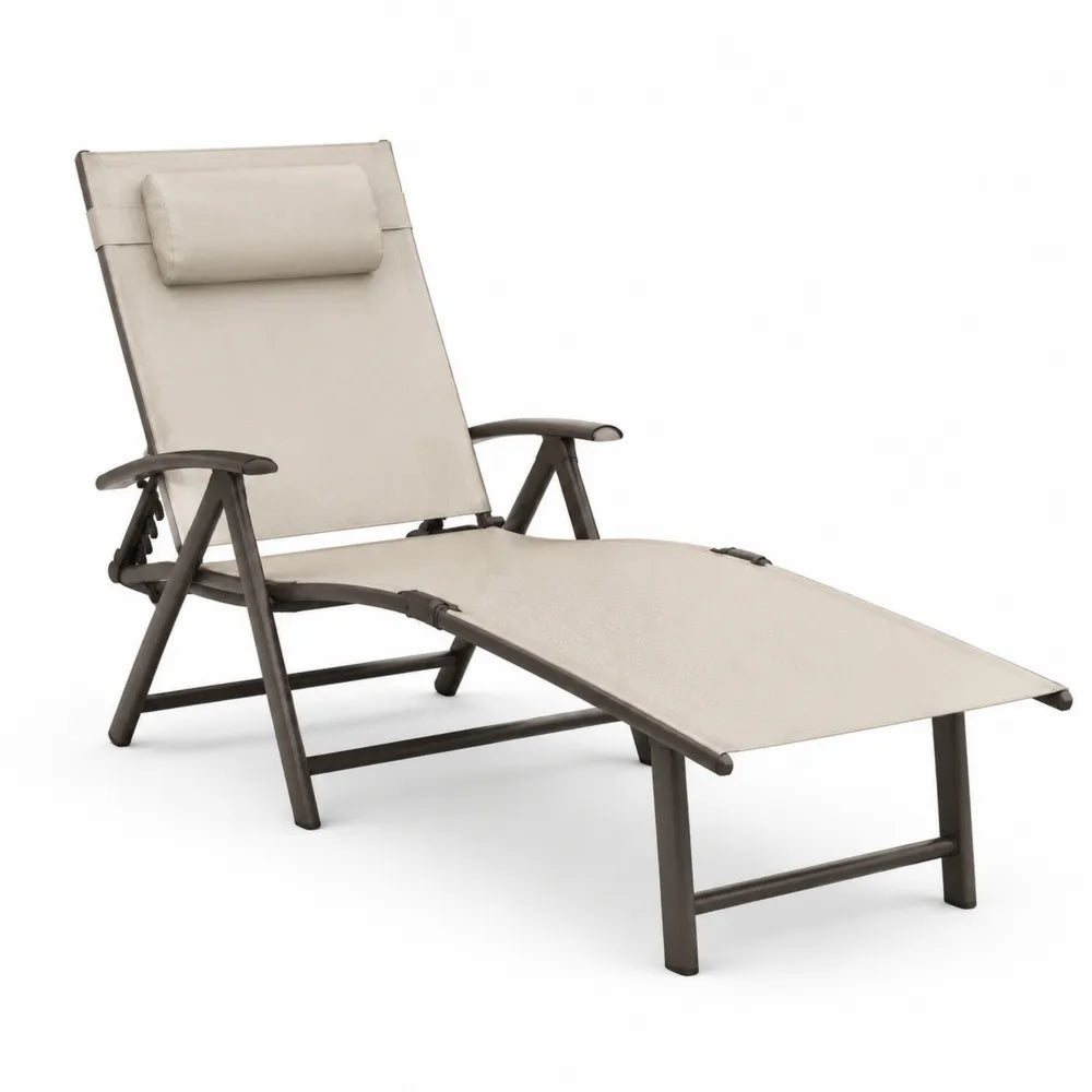 Chaise longue de jardin réglable en aluminium brun avec toile polyester beige et coussin appui-tête