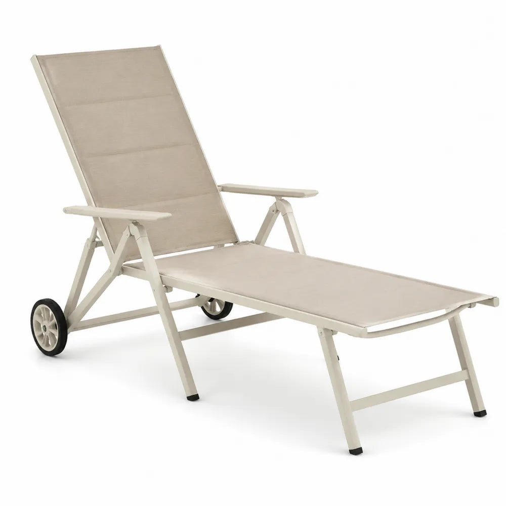 Bain de soleil de jardin inclinable à roulettes en aluminium taupe avec toile textilène beige