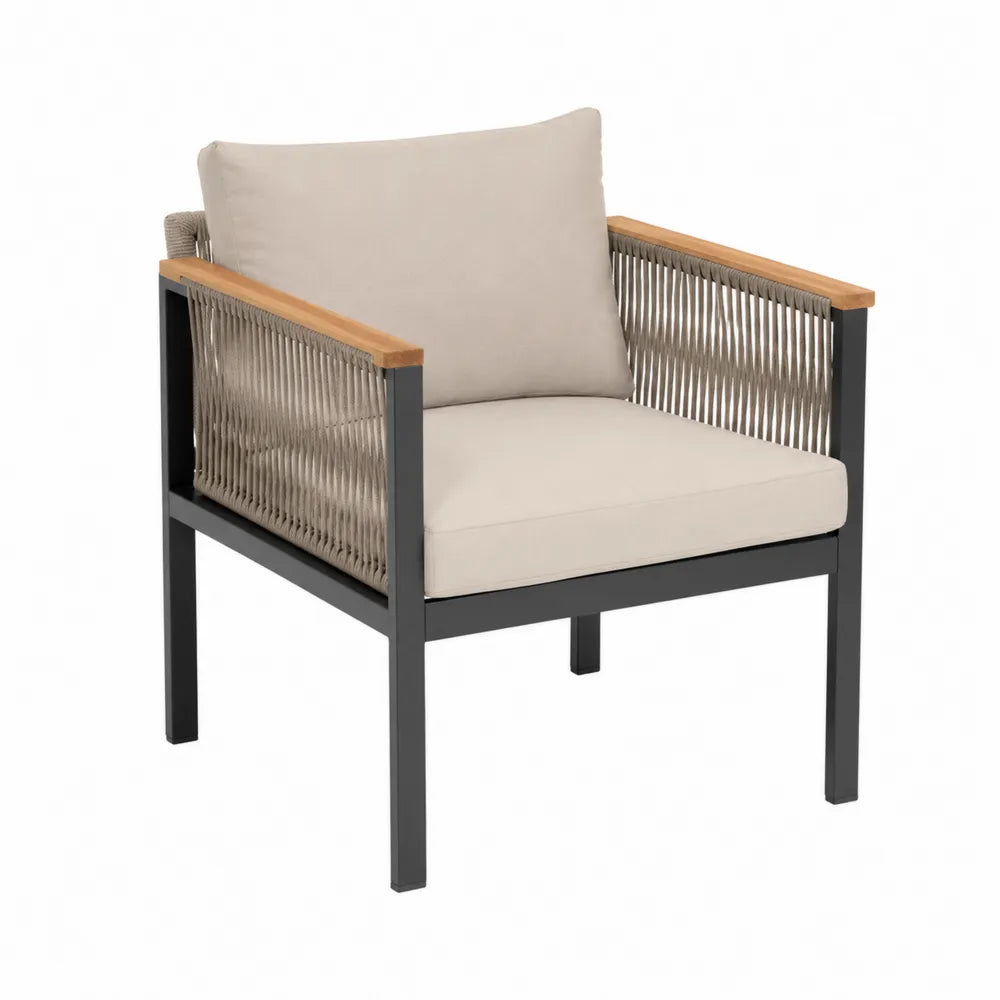 Fauteuil de jardin en corde tressée avec coussins beige structure métal noir accoudoirs en bois naturel