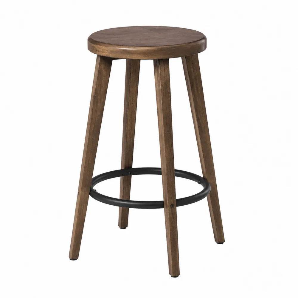 Tabouret de bar 45 cm x 45 cm x 75 cm en bois massif brun et acier noir repose-pieds circulaire