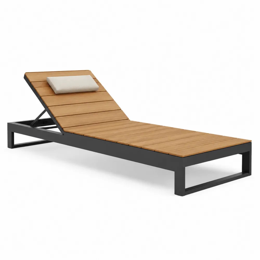 Chaise longue de jardin réglable 200 cm x 70 cm x 32 cm en bois d’acacia massif et acier noir dossier inclinable avec coussin beige
