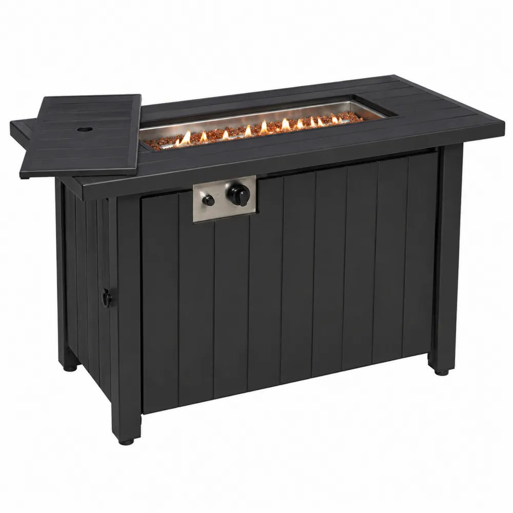 Table brasero d’extérieur au gaz rectangulaire noire 107 x 55 x 63 cm acier thermolaqué foyer central propane avec couvercle amovible