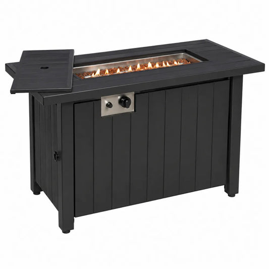 Table brasero d’extérieur au gaz rectangulaire noire 107 x 55 x 63 cm acier thermolaqué foyer central propane avec couvercle amovible