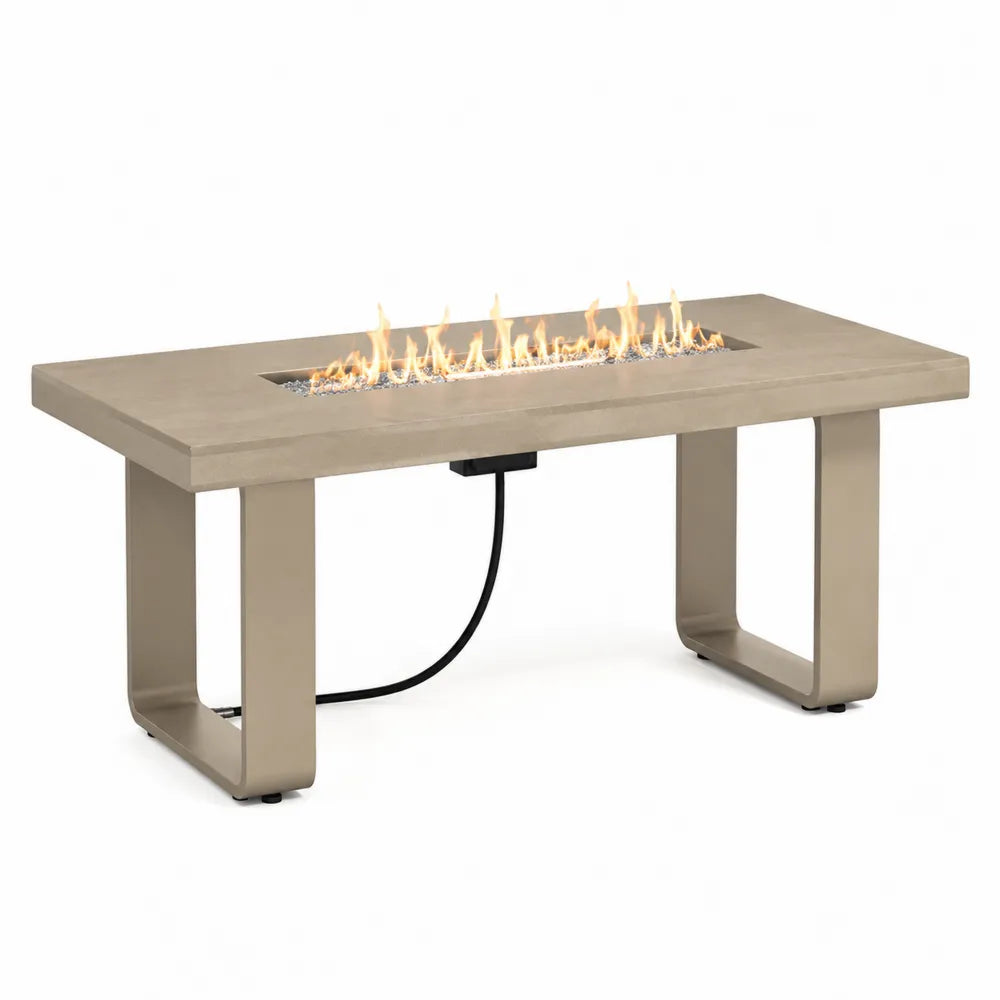 Table brasero d’extérieur au gaz propane 132 x 71 x 63 cm plateau composite ciment effet béton beige brûleur linéaire acier inox pieds en U
