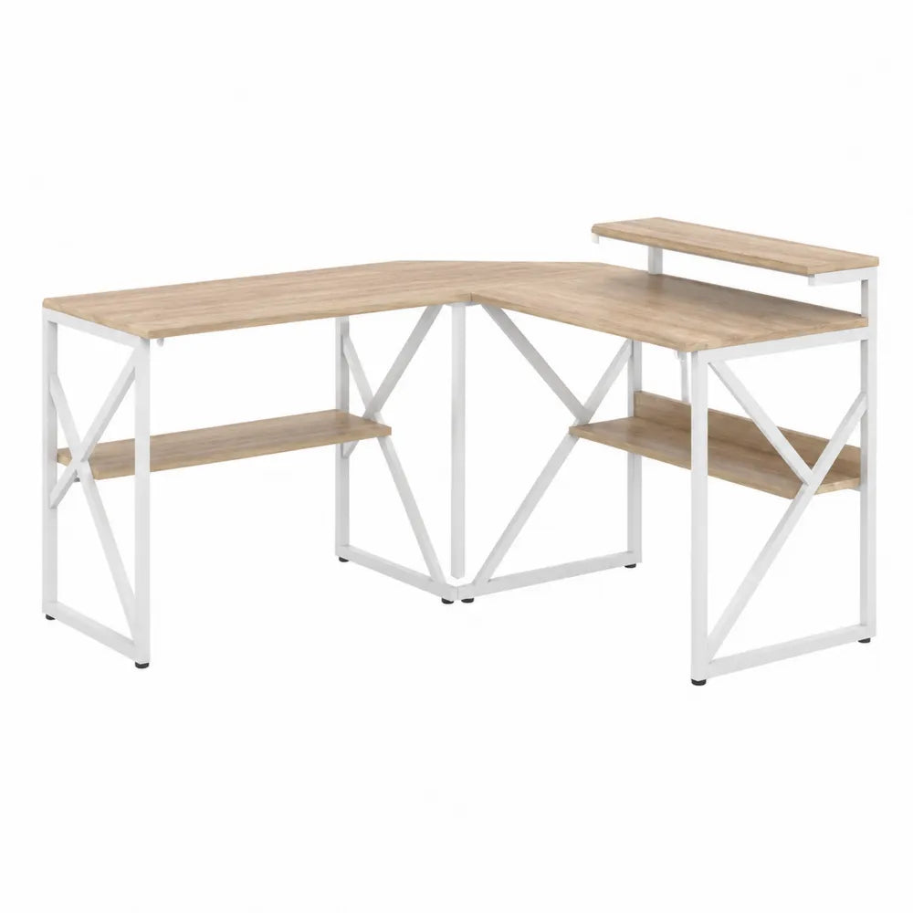 Bureau d’angle 150 x 120 x 92 cm avec étagères en bois décor chêne clair et structure métal blanc