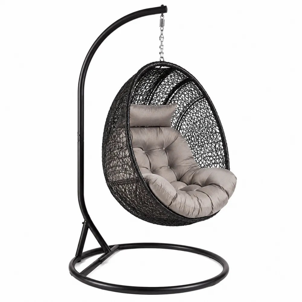 Fauteuil suspendu œuf avec support 105 x 95 x 195 cm acier noir résine tressée coussins gris