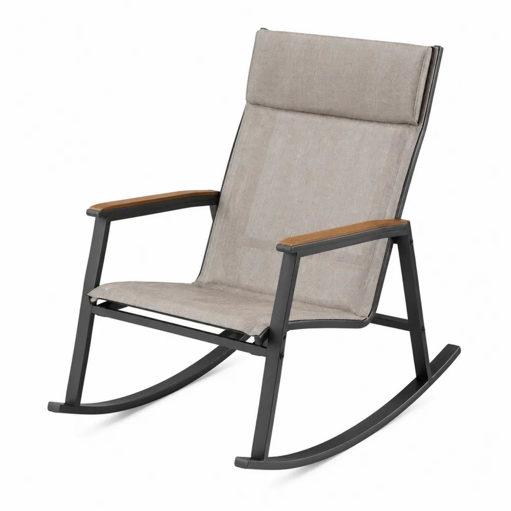 Fauteuil à bascule de jardin en acier noir et textilène gris taupe 66 x 90 x 100 cm avec accoudoirs