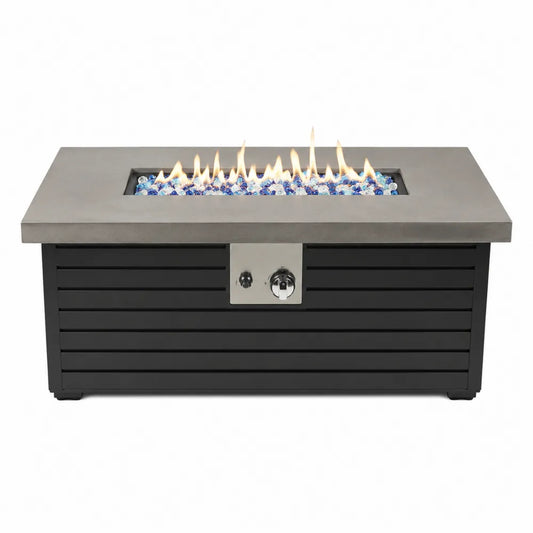 Table brasero d’extérieur rectangulaire 132 x 71 x 63 cm béton fibré gris structure acier noir brûleur gaz propane verre trempé