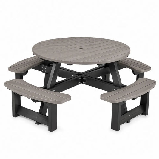 Table de pique-nique ronde d'extérieur avec 4 bancs 190 x 190 x 76 cm lames HDPE acier thermolaqué noir gris taupe