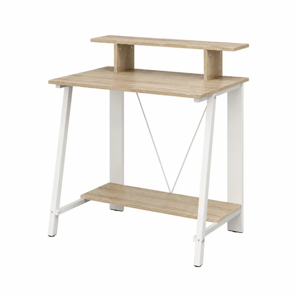 Bureau informatique compact avec étagères 80 x 50 x 88 cm en panneaux mélaminés chêne clair et acier blanc