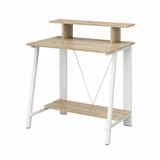 Bureau informatique compact avec étagères 80 x 50 x 88 cm en panneaux mélaminés chêne clair et acier blanc