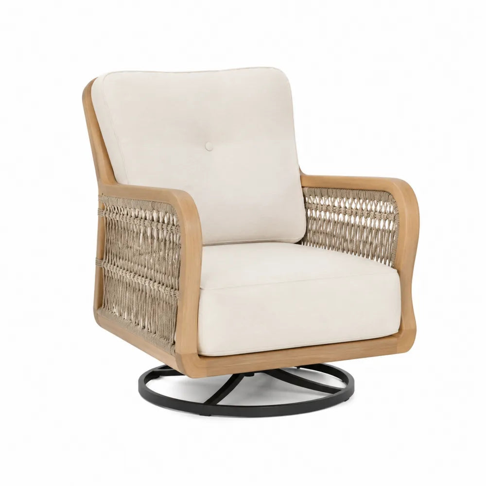 Fauteuil de jardin pivotant en bois d acacia massif cordage polyester beige coussins écru base en acier noir dimensions 82 x 86 x 89 cm