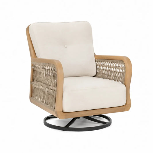 Fauteuil de jardin pivotant en bois d acacia massif cordage polyester beige coussins écru base en acier noir dimensions 82 x 86 x 89 cm