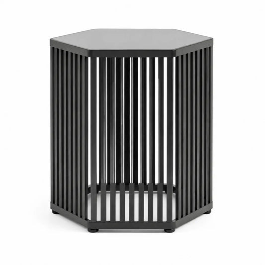Table d’appoint d’extérieur hexagonale 45 x 45 x 55 cm acier thermolaqué noir structure à lattes métalliques